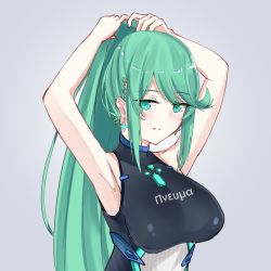Rule 34 | 1girl, adjusting hair, armpits, arms up, bare arms, black one-piece swimsuit, breasts, chest jewel, competition swimsuit, earrings, green eyes, green hair, grey background, jewelry, large breasts, long hair, one-piece swimsuit, pneuma (xenoblade), ponytail, sarasadou dan, simple background, solo, spoilers, swept bangs, swimsuit, upper body, very long hair, xenoblade chronicles (series), xenoblade chronicles 2