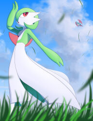 Rule 34 | 1girl, arm at side, arm up, blue sky, blurry, blurry foreground, bob cut, cloud, colored skin, creatures (company), day, dragon, female focus, flat chest, from below, full body, game freak, gardevoir, gen 3 pokemon, grass, green hair, green skin, hair over one eye, kihada magulo, looking back, looking up, multicolored skin, nintendo, one eye covered, open mouth, outdoors, pokemon, pokemon (creature), red eyes, salamence, short hair, sky, solo focus, standing, two-tone skin, white skin, wind