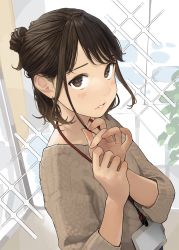Rule 34 | 1girl, blush, brown eyes, brown hair, brown sweater, commentary request, douki-chan (douki-chan), earrings, fingernails, ganbare douki-chan, hair bun, highres, id card, jewelry, lanyard, long sleeves, looking at viewer, parted lips, shirt, single hair bun, solo, sweater, yomu (sgt epper)