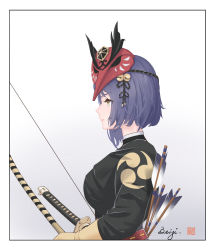 Rule 34 | 1girl, alternate costume, archery, arrow (projectile), beiyi, bird mask, black hair, bow (weapon), commentary, commentary request, english commentary, framed image, from side, genshin impact, gloves, hair between eyes, highres, holding, holding bow (weapon), holding weapon, japanese clothes, katana, kujou sara, kyuudou, long sleeves, looking away, mask, mask on head, mitsudomoe (shape), short hair, sidelocks, simple background, solo, sword, tomoe (symbol), weapon, white background, yellow eyes, yellow gloves