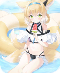 Rule 34 | 1girl, :o, absurdres, animal ear fluff, animal ears, aqua hairband, arknights, bare shoulders, bikini, blue hairband, blush, colored tips, detached sleeves, earpiece, food, fox ears, fox girl, fox tail, frilled bikini, frills, green eyes, hair rings, hairband, highres, in water, infection monitor (arknights), innertube, kitsune, kyuubi, material growth, mint (psmin30), multicolored hair, multiple tails, navel, oripathy lesion (arknights), popsicle, sitting, solo, suzuran (arknights), swim ring, swimsuit, tail, watermelon bar