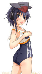 Rule 34 | 1girl, ass, asymmetrical hair, black hair, black one-piece swimsuit, blush, breast cutout, brown neckerchief, dated, framed breasts, hair between eyes, headphones, i-14 (kancolle), kantai collection, neckerchief, one-piece swimsuit, open mouth, ray.s, sailor collar, school swimsuit, signature, solo, surprised, swimsuit, swimsuit under clothes, twitter username, white sailor collar