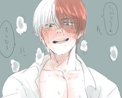 Rule 34 | 10s, 1boy, ashika, blush, boku no hero academia, breath, grey background, heterochromia, male focus, multicolored hair, naughty face, open clothes, open shirt, red hair, scar, shirt, smile, solo, sweat, todoroki shouto, translation request, two-tone hair, upper body, white hair