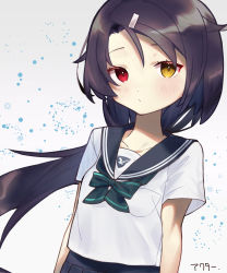 Rule 34 | 1girl, akutaa, alternate costume, azur lane, black hair, breast pocket, cassin (azur lane), cassin (shopping carte blanche) (azur lane), collarbone, commentary request, eyes visible through hair, hair ornament, hairclip, heterochromia, highres, long hair, looking at viewer, low ponytail, pocket, school uniform, serafuku, sidelocks, simple background, smile, solo, white background