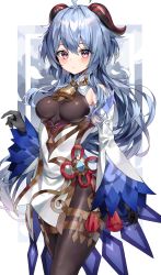 Rule 34 | absurdres, ahoge, bare shoulders, bell, black gloves, black legwear, blue hair, blush, breasts, chinese knot, detached sleeves, flower knot, ganyu (genshin impact), genshin impact, gloves, gold trim, highres, horns, indol, long hair, looking at viewer, low ponytail, medium breasts, neck bell, parted lips, purple eyes, red rope, rope, solo, standing, tassel, thighlet, vision (genshin impact), waist cape, white sleeves, wide sleeves