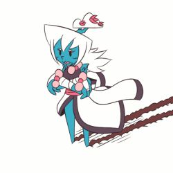 Rule 34 | 1girl, animated, animated gif, blue skin, bracelet, colored skin, crossed arms, fang, habijob, jewelry, monster girl, moving, mystery skulls, necklace, rolling girl (vocaloid), shiromori (mystery skulls), solo, standing, vocaloid, white hair