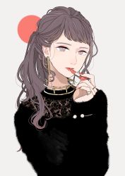 Rule 34 | 1girl, absurdres, applying makeup, brown eyes, brown hair, cosmetics, earrings, highres, jewelry, keiko (um7mr1), lipstick, lipstick tube, long hair, long sleeves, looking at viewer, makeup, nail polish, neck ring, original, red nails, ring, simple background, solo, upper body