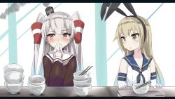 Rule 34 | 10s, 2girls, amatsukaze (kancolle), blonde hair, blush, bow, bowl, brown eyes, chopsticks, commentary request, covering own mouth, eating, elbow gloves, gloves, hair bow, hair tubes, hat, heavens thunder (byakuya-part2), highres, kantai collection, letterboxed, long hair, long sleeves, mini hat, multiple girls, neckerchief, sailor collar, shimakaze (kancolle), silver hair, two side up, yellow eyes