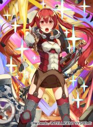 Rule 34 | 1girl, armor, axe, blush, chain, company name, copyright name, fingerless gloves, fire emblem, fire emblem awakening, fire emblem cipher, gloves, holding, holding axe, holding sword, holding weapon, kurosawa tetsu, long hair, miniskirt, nintendo, official art, open mouth, red eyes, red hair, severa (fire emblem), skirt, solo, sword, thighhighs, tsundere, twintails, weapon