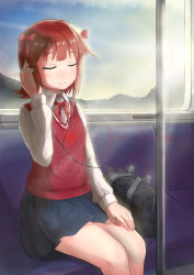 Rule 34 | 1girl, amami haruka, arm up, bag, black skirt, blue sky, blush, bow, brown hair, closed eyes, closed mouth, cloud, collared shirt, commentary request, day, dress shirt, earbuds, earphones, facing viewer, feiyyx, hair bow, hand on leg, hand on own thigh, highres, idolmaster, idolmaster (classic), listening to music, pleated skirt, red bow, school bag, shirt, sitting, skirt, sky, smile, solo, sweater vest, train interior, white shirt, window