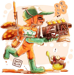 Rule 34 | !, 1girl, bad id, bad pixiv id, baseball cap, blunt bangs, boots, check translation, closed eyes, commentary, dated, eighth note, fangs, gloves, green footwear, green gloves, green hat, grizco blaster (splatoon), harutarou (orion 3boshi), hat, holding, holding weapon, inkling, inkling girl, inkling player character, lifebuoy, logo, long hair, musical note, nintendo, open mouth, orange hair, orange overalls, overalls, paint splatter, pointy ears, print headwear, rubber boots, rubber gloves, running, salmon run (splatoon), salmonid, smile, solo, splatoon (series), splatoon 2, spoken exclamation mark, swim ring, tentacle hair, translation request, weapon