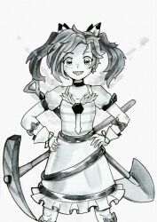 Rule 34 | 1girl, collarbone, cowboy shot, dungeon toaster, frilled skirt, frills, gloves, greyscale, hands on own hips, highres, himemushi momoyo, inktober, looking at viewer, medium hair, monochrome, open mouth, pickaxe, puffy short sleeves, puffy sleeves, sharp teeth, short sleeves, shovel, skirt, solo, teeth, touhou, traditional media, two side up