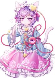 Rule 34 | 1girl, animal ears, black hairband, blouse, blue shirt, buttons, cat ears, cat girl, cat tail, commentary request, eyeball, frilled shirt collar, frilled sleeves, frills, hair ornament, hairband, heart, heart button, heart hair ornament, heart of string, komeiji satori, miy 001, pink eyes, pink hair, pink skirt, ribbon-trimmed collar, ribbon trim, shirt, simple background, skirt, solo, tail, third eye, touhou, white background, wide sleeves