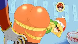Rule 34 | 1boy, 1girl, animated, animated gif, arms (game), ass, bdsm, bent over, blonde hair, blood, blush, bondage, bouncing, bound, captain falcon, chinese clothes, cook, f-zero, from behind, gloves, green eyes, grin, hat, helmet, highres, huge ass, jiggle, looking at another, looking back, mask, min min (arms), naughty face, nervous, nintendo, nosebleed, octobola, pilot, short hair, shorts, smile, super smash bros., sweat