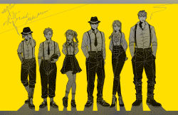 Rule 34 | 2girls, 4boys, alphonse elric, alternate costume, arm at side, arms behind back, automail, black footwear, black headwear, black pants, black skirt, breast pocket, breasts, brothers, cigarette, copyright name, covering privates, covering one eye, curly hair, dress shirt, edward elric, floating hair, full body, fullmetal alchemist, greyscale, greyscale with colored background, hand in pocket, hand on headwear, hands in pockets, happy, hat, unworn headwear, height difference, high heels, highres, jean havoc, kachohuugetsu, letterboxed, looking at viewer, looking away, medium breasts, monochrome, multiple boys, multiple girls, necktie, pants, pocket, ponytail, puffy sleeves, riza hawkeye, roy mustang, serious, shadow, shirt, short sleeves, siblings, skirt, sleeves rolled up, smile, smoke, smoking, socks, spot color, standing, standing on one leg, suspender skirt, suspenders, white shirt, winry rockbell, yellow background, yellow theme