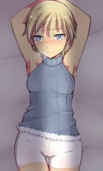 Rule 34 | 10s, 1girl, armpits, arms up, bed, bike shorts, blonde hair, blue eyes, blush, brave witches, breasts, breath, covered erect nipples, em (totsuzen no hakike), halterneck, lying, nikka edvardine katajainen, on back, open mouth, purple eyes, ribbed sweater, short hair, shorts, sleeveless, sleeveless turtleneck, small breasts, solo, sweater, tearing up, tears, thigh gap, turtleneck, white shorts, world witches series