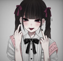Rule 34 | 0mdjn0, 1girl, absurdres, bite mark, black eyes, black hair, blunt bangs, blurry, blurry foreground, blush, brooch, bruise, buttons, center frills, cheek piercing, collared shirt, cross ornament, curly hair, double middle finger, ear piercing, earrings, fangs, forked tongue, frilled shirt, frills, hair ribbon, hands up, heart, heart brooch, heart button, hickey, highres, injury, jewelry, long hair, looking at viewer, middle finger, multiple earrings, nail polish, neck ribbon, open mouth, original, piercing, ribbon, shirt, short sleeves, smile, solo, suspenders, tongue, tongue out, tongue piercing, twintails