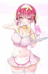 Rule 34 | 1girl, bow, bowtie, breasts, cleavage, crop top, cup, hair ornament, hairclip, heterochromia, highres, holding, holding tray, hololive, houshou marine, large breasts, looking at viewer, maid headdress, midriff, miniskirt, navel, nikuya (nikuniku nikuya), parfait, red eyes, red hair, shirt, skindentation, skirt, sleeveless, sleeveless shirt, solo, spilling, stomach, striped clothes, striped shirt, striped skirt, thighhighs, thighs, tray, twintails, utensil in mouth, virtual youtuber, waitress, white thighhighs, yellow bow, yellow bowtie, yellow eyes, zettai ryouiki