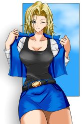 Rule 34 | 1girl, android 18, belt, blonde hair, blue eyes, breasts, cleavage, collarbone, dragon ball, dragonball z, highres, jacket, large breasts, marishiten, miniskirt, no legwear, one eye closed, pencil skirt, skirt, smile, solo, thigh gap, wink