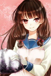 Rule 34 | 1girl, apron, blue sailor collar, blunt bangs, brown hair, closed mouth, gloves, hair ribbon, highres, holding, isokaze (kancolle), kajii supana, kantai collection, long hair, long sleeves, looking at viewer, pink background, red eyes, red ribbon, ribbon, sailor collar, smile, solo, star (symbol), starry background, sweater, upper body, very long hair, white apron, white gloves, white sweater