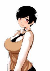 Rule 34 | 1girl, absurdres, black hair, black necktie, blush, breasts, brown cardigan, business suit, cardigan, collared shirt, commentary, dress shirt, formal, highres, large breasts, looking at viewer, loose necktie, necktie, norman maggot, office lady, olive laurentia, original, pink lips, pixie cut, red eyes, shirt, short hair, simple background, solo, suit, sweater vest, upper body, white background, white shirt