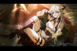 Rule 34 | 1girl, alternate costume, animal ears, arknights, arm tattoo, bare shoulders, belt, belt buckle, breasts, buckle, casual, chain, cleavage, collar, couch, cross, cross necklace, crossed legs, gloves, grey eyes, grey hair, hand up, head rest, high-waist shorts, high heels, highres, jacket, jewelry, kneehighs, lappland (arknights), large breasts, long hair, long skirt, material growth, messy hair, necklace, open clothes, open jacket, oripathy lesion (arknights), sallyzaemon, scar, scar across eye, sharp teeth, short shorts, shorts, sitting, skirt, socks, solo, tattoo, teeth, thigh strap, wolf ears, wolf girl