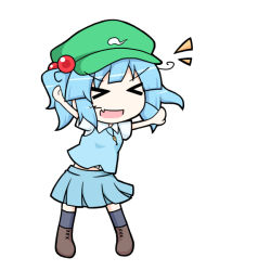 Rule 34 | &gt; &lt;, 1girl, :d, > <, arms up, bad id, bad pixiv id, blue hair, boots, chibi, closed eyes, fang, full body, happy, hat, kawashiro nitori, key, open mouth, oribe rin, short hair, short sleeves, short twintails, simple background, skirt, skirt set, smile, solo, touhou, twintails, two side up, xd