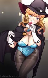 Rule 34 | 1girl, absurdres, beiske (de skb3), black cape, black hat, blue bow, blue bowtie, blue eyes, blue leotard, blush, bow, bowtie, breasts, cape, cleavage, collarbone, condom, condom wrapper, covered navel, detached collar, ghost hair ornament, gloves, grin, hand up, hat, highres, holding, holding condom, idolmaster, idolmaster cinderella girls, large breasts, leotard, long hair, ohtsuki yui, pantyhose, shiny clothes, smile, solo, watermark, web address, white gloves