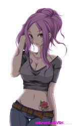 Rule 34 | 00s, 1girl, adjusting hair, aged up, anemone (eureka seven), artist request, breasts, cleavage, curvy, eureka seven, eureka seven (series), flower, groin, lace, lace-trimmed panties, lace trim, large breasts, light smile, midriff, panties, pink hair, ponytail, purple eyes, purple hair, simple background, solo, source request, tattoo, thigh gap, thighs, underwear