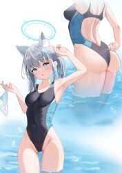 Rule 34 | 1girl, :o, absurdres, adjusting clothes, adjusting swimsuit, animal ear fluff, animal ears, arm up, ass, back cutout, blue archive, blue eyes, blush, breasts, clothing cutout, covered navel, criss-cross halter, eternal1223, grey hair, groin, halo, halterneck, highres, holding, holding clothes, holding panties, holding underwear, medium breasts, mismatched pupils, multiple views, one-piece swimsuit, open mouth, panties, shiroko (blue archive), shiroko (swimsuit) (blue archive), short ponytail, swimsuit, thighs, underwear, wading, water, wedgie, wet, wolf ears