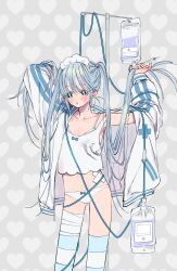 Rule 34 | 1girl, absurdres, bandaged leg, bandages, blood, blood bag, blue bow, blue eyes, blue hair, blush, bow, bra, collarbone, heart, heart background, highres, holding, holding syringe, intravenous drip, iv stand, jacket, long hair, long sleeves, looking to the side, maid headdress, navel, open clothes, open jacket, original, panties, shirt, solo, striped, syringe, twintails, underwear, very long hair, wata kinoshi, white bra, white jacket, white panties, white shirt