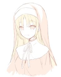 Rule 34 | 1girl, blonde hair, closed mouth, commentary, cropped torso, dress, habit, light smile, long hair, looking at viewer, meito (maze), monochrome, neck ribbon, nijisanji, nun, ribbon, romaji commentary, simple background, sister claire, solo, traditional nun, upper body, virtual youtuber, white background