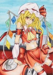 Rule 34 | 1girl, adapted costume, blonde hair, car, conductance, daihatsu, daihatsu copen, female focus, flandre scarlet, hat, midriff, motor vehicle, navel, red eyes, solo, thighhighs, touhou, traditional media, vehicle