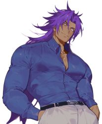 Rule 34 | 1boy, belt, bhima (fate), blue shirt, collared shirt, dark-skinned male, dark skin, fate/grand order, fate (series), hand in pocket, long hair, looking at viewer, male focus, muscular, muscular male, pants, pectorals, purple eyes, purple hair, semi (p-poco), shirt, simple background, smile, spiked hair, tight clothes, tight shirt, white background