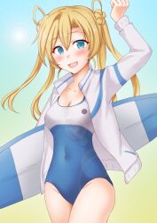 Rule 34 | 1girl, abukuma (kancolle), anti (untea9), blonde hair, blue eyes, blue one-piece swimsuit, blush, breasts, cleavage, competition swimsuit, gradient background, hair between eyes, hair bun, hair rings, high school fleet, highres, holding, holding surfboard, jacket, kantai collection, long hair, long sleeves, looking at viewer, multicolored clothes, multicolored swimsuit, one-piece swimsuit, open mouth, small breasts, smile, solo, surfboard, swimsuit, twintails, two-tone swimsuit, white jacket, white one-piece swimsuit, yellow background
