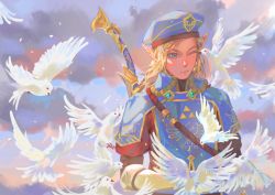 Rule 34 | 1boy, alternate hairstyle, animal, armor, bird, blonde hair, blue armor, bow (weapon), chest armor, chest plate, cloud, dove, elf, eyebrows, eyelashes, gem, green gemstone, grey background, hair down, hat, highres, link, long hair, long sleeves, looking at animal, male focus, nintendo, one eye closed, pale skin, pointy ears, solo, solo focus, standing, the legend of zelda, the legend of zelda: breath of the wild, triforce, weapon, yoauuki