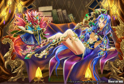 Rule 34 | 1girl, blue hair, book, center opening, copyright name, couch, dragon, dragon horns, earrings, force of will, gem, high heels, horns, jewelry, lamp, long hair, multicolored hair, nagasaki yuko, official art, purple eyes, purple hair, solo, staff, two-tone hair