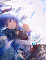 Rule 34 | 1girl, ahoge, bare shoulders, bell, black gloves, black pantyhose, blue hair, bodystocking, bodysuit, breasts, chinese knot, detached sleeves, flower, flower knot, ganyu (genshin impact), genshin impact, gloves, gold trim, groin, horns, ice shard, legs together, long hair, looking at viewer, lying, medium breasts, neck bell, on side, pantyhose, parted lips, purple eyes, qingxin flower, sidelocks, snimer, solo, tassel, thighlet, vision (genshin impact), white flower, white sleeves