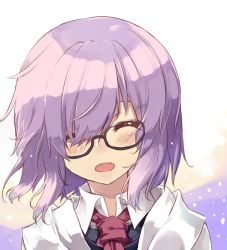 Rule 34 | 1girl, black-framed eyewear, blush, closed eyes, collared shirt, commentary request, fate/grand order, fate (series), glasses, hair over one eye, light purple hair, looking at viewer, mash kyrielight, necktie, normaland, open mouth, portrait, purple hair, red necktie, shirt, smile, solo