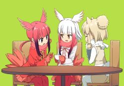 Rule 34 | 10s, 3girls, alpaca ears, alpaca suri (kemono friends), animal ears, anime coloring, bird tail, blonde hair, blunt bangs, brown eyes, chair, closed eyes, cup, fur collar, gloves, green background, hair bun, head wings, highres, holding, holding cup, japanese crested ibis (kemono friends), kemono friends, legs together, long hair, long sleeves, looking at another, multicolored hair, multiple girls, neck ribbon, open mouth, pantyhose, pleated skirt, purple eyes, red gloves, red hair, red legwear, red shirt, red skirt, ribbon, scarlet ibis (kemono friends), shirt, simple background, single hair bun, sitting, skirt, smile, table, tail, tomato (lsj44867), vest, white hair, white legwear, white shirt, wings, yellow skirt, yellow vest