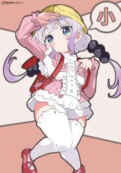 Rule 34 | absurdres, backpack, bag, beads, blue eyes, blunt bangs, blush, capelet, dragon girl, dress, frilled capelet, frilled sleeves, frilled thighhighs, frills, from below, gradient hair, hair beads, hair ornament, hands up, hat, highres, kanna kamui, kobayashi-san chi no maidragon, long hair, long sleeves, looking at viewer, low twintails, microdress, multicolored hair, pink hair, red bag, red footwear, school hat, short dress, speech bubble, thighhighs, thighs, twintails, white gorilla (okamoto), white thighhighs, yellow headwear