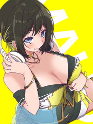Rule 34 | 163 (shiromeshi), 1girl, akashi maho, bangle, black hair, black shorts, blonde hair, blouse, blue eyes, bracelet, breasts, character name, cleavage, close-up, collarbone, covered erect nipples, cowboy shot, d4dj, frilled straps, from above, gold choker, gold necklace, half updo, halterneck, headphones, headphones around neck, jewelry, large breasts, looking at viewer, looking up, multicolored hair, multicolored shirt, necklace, shirt, short hair, shorts, sidelocks, sitting, smile, solo, spaghetti strap, spread legs, tan, thighlet, unzipping, white shirt, yellow background, yellow shirt, zipper, zipper pull tab