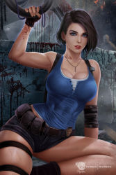 Rule 34 | 1girl, asymmetrical hair, bare shoulders, belt pouch, biceps, blue eyes, blush, breasts, brown hair, capcom, cleavage, eyeliner, fingerless gloves, gloves, highres, holster, jill valentine, large breasts, lips, looking at viewer, makeup, nose blush, police badge, pouch, prywinko, redesign, resident evil, resident evil 3, resident evil 3: nemesis, resident evil 3 (remake), short hair, short shorts, shorts, shoulder holster, sitting, skindentation, sweat, tank top, thigh strap, thighs, toned, yokozuwari, zombie
