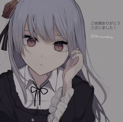 Rule 34 | 1girl, bad id, bad twitter id, black dress, black ribbon, blush, brown eyes, brown flower, closed mouth, collared shirt, commentary request, dress, dress shirt, eyebrows hidden by hair, flower, grey background, grey hair, hair flower, hair ornament, hand up, highres, long hair, long sleeves, looking at viewer, neck ribbon, original, ribbon, shirt, simple background, solo, translation request, tsuruse, twitter username, upper body, white shirt, wide sleeves