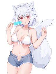 Rule 34 | 1girl, :p, alternate costume, animal ear fluff, animal ears, bare shoulders, bikini, breasts, cleavage, cowboy shot, food, grey hair, hands up, inubashiri momiji, large breasts, looking at viewer, medium hair, navel, no headwear, open fly, pink eyes, popsicle, red eyes, rururiaru, simple background, solo, swimsuit, tail, thigh gap, tongue, tongue out, touhou, white background, wolf ears, wolf tail