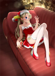 Rule 34 | 1girl, absurdres, bare shoulders, bell, blonde hair, blue eyes, bow, bowtie, christmas, christmas tree, closed mouth, couch, dot mouth, dress, fur-trimmed thighhighs, fur trim, garter belt, gift, hat, hi fumiyo, highres, holding, holding gift, honda, honda beat (syanago collection), indoors, jingle bell, knees up, long hair, looking to the side, lying, on back, on couch, personification, red dress, red footwear, santa hat, side slit, solo, syanago collection, thighhighs, twintails, white bow, white bowtie, white thighhighs