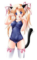 Rule 34 | 1girl, animal ears, blonde hair, blue eyes, cat ears, cat tail, one-piece swimsuit, paw pose, school swimsuit, solo, swimsuit, tail, thighhighs, twintails