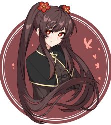 Rule 34 | 1girl, absurdres, black capelet, brown hair, capelet, chinese clothes, cropped torso, flower, genshin impact, hair flower, hair ornament, highres, hu tao (genshin impact), long hair, man ge, red eyes, sidelocks, smile, symbol-shaped pupils, twintails, very long hair