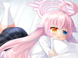 Rule 34 | 1girl, ahoge, bed sheet, black skirt, blue archive, blue eyes, blush, brown eyes, commentary request, fang, frilled pillow, frills, hair between eyes, halo, heterochromia, highres, hoshino (blue archive), hugging object, legs up, long hair, long sleeves, looking away, lying, no shoes, on stomach, open mouth, pillow, pillow hug, pink hair, plaid, plaid skirt, pleated skirt, shikito (yawa0w0), shirt, skirt, socks, soles, solo, very long hair, white shirt, white socks