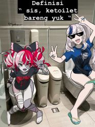 Rule 34 | 2girls, black panties, deal with it (meme), double bun, double v, green eyes, hair bun, heterochromia, highres, hololive, hololive indonesia, indonesian text, kureiji ollie, meme, mmmalice, multiple girls, open mouth, panties, panty pull, patchwork skin, pavolia reine, photo background, red hair, shirt, stitched arm, stitched face, stitched leg, stitches, sunglasses, t-shirt, toilet, translated, underwear, v, virtual youtuber, white hair, yagoo, yellow eyes, zombie, zombie girl